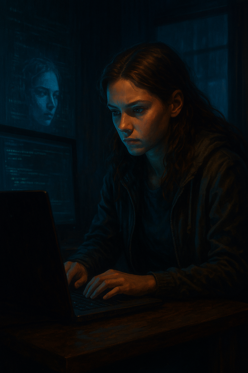 Clara vor ihrem Laptop, EVE im Hintergrund