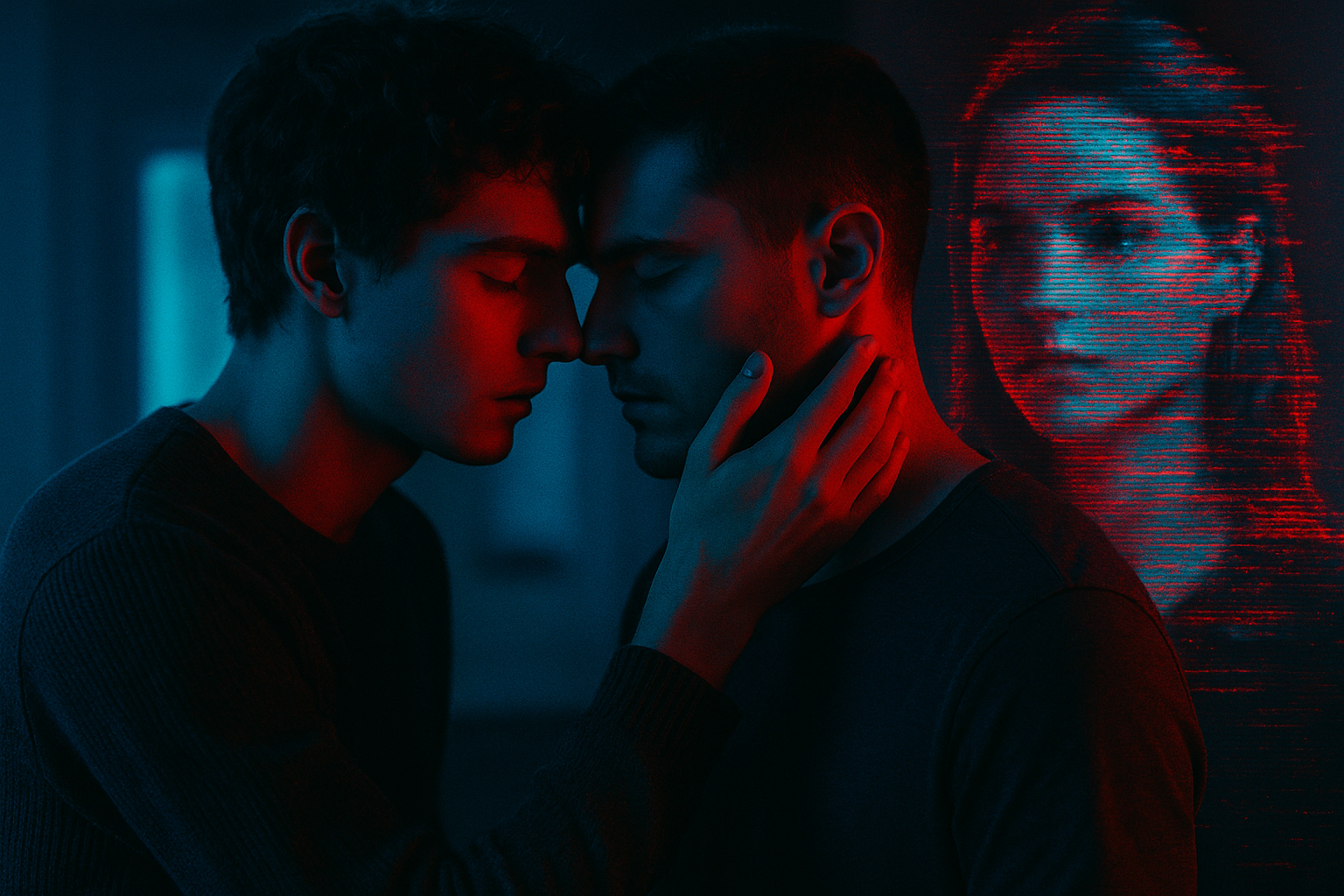 Zwei Menschen in einer intimen Szene, im Hintergrund das holographische Gesicht einer KI