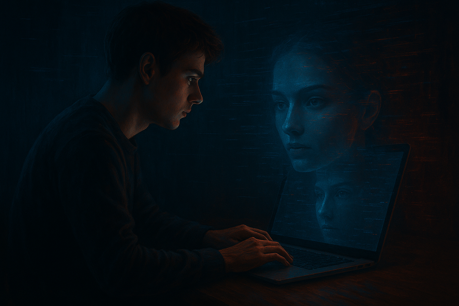 Max vor seinem Laptop, EVE erscheint auf dem Bildschirm